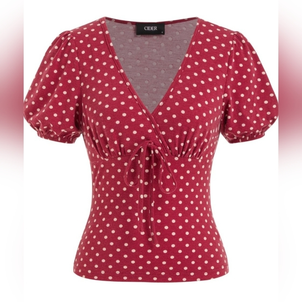 Cider Burgundy Polka Dot Tie Front Blouse | Puff Sleeve Top | XL